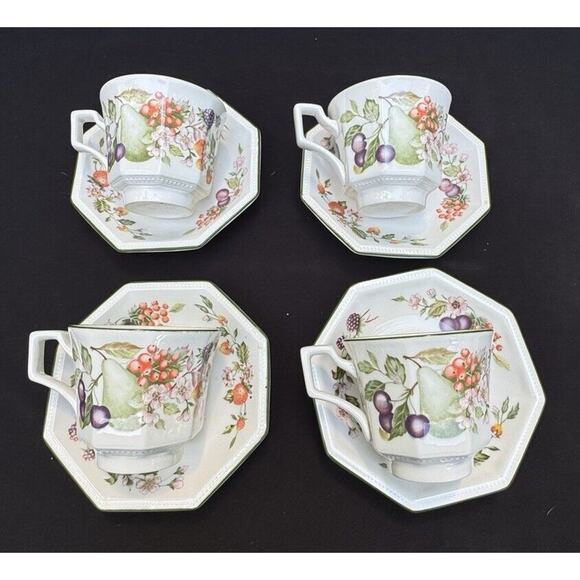 4 Johnson Brothers FRESH FRUIT Pedestal Cup & Octagon Saucer Sets Nice! S1 - Picture 3 of 9